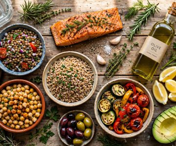 Mediterranean diet meal plan for weight loss with grilled fish, vegetables, whole grains and olive oil